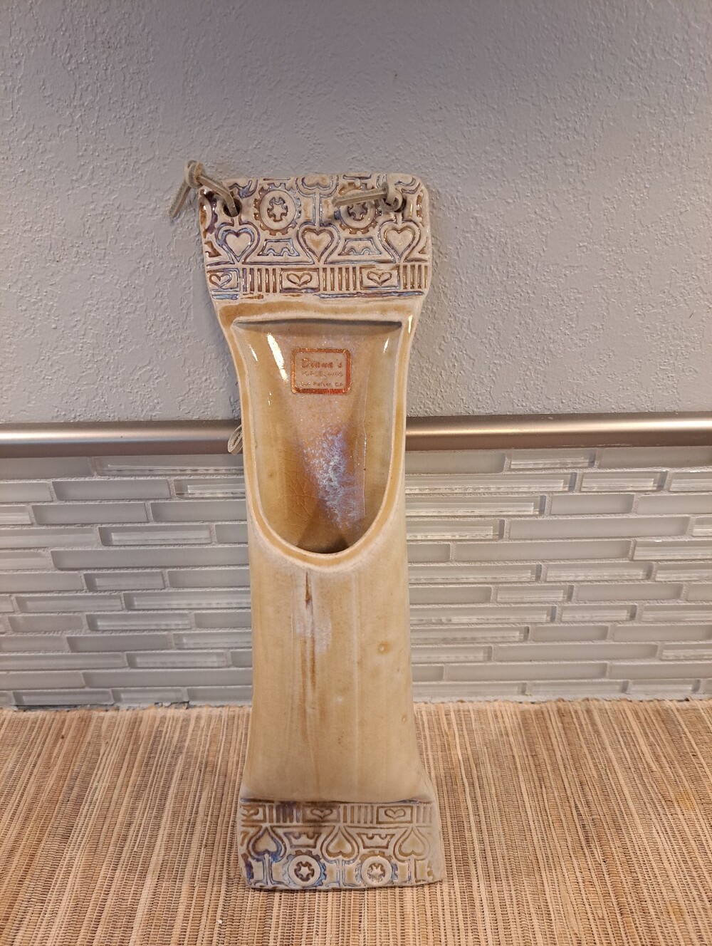 Studio Art Pottery Wall Pocket Vase Long Match Holder Impressed Heart Pattern